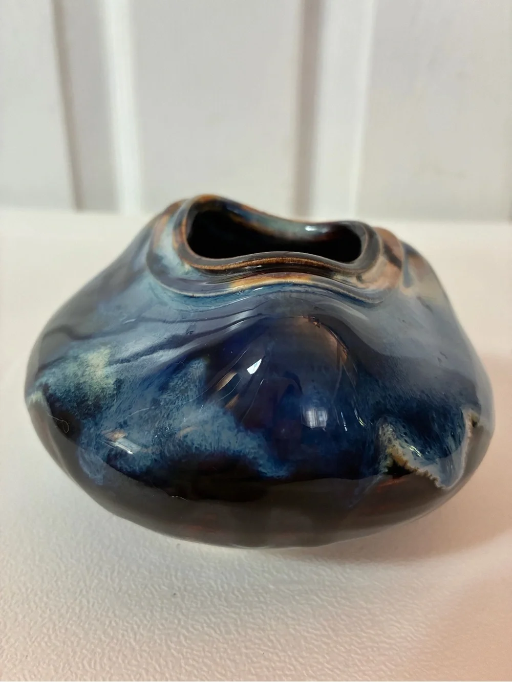 Vintage Studio Pottery Flower Frog Ikebana Vase Blue Drip Glaze Artist Signed